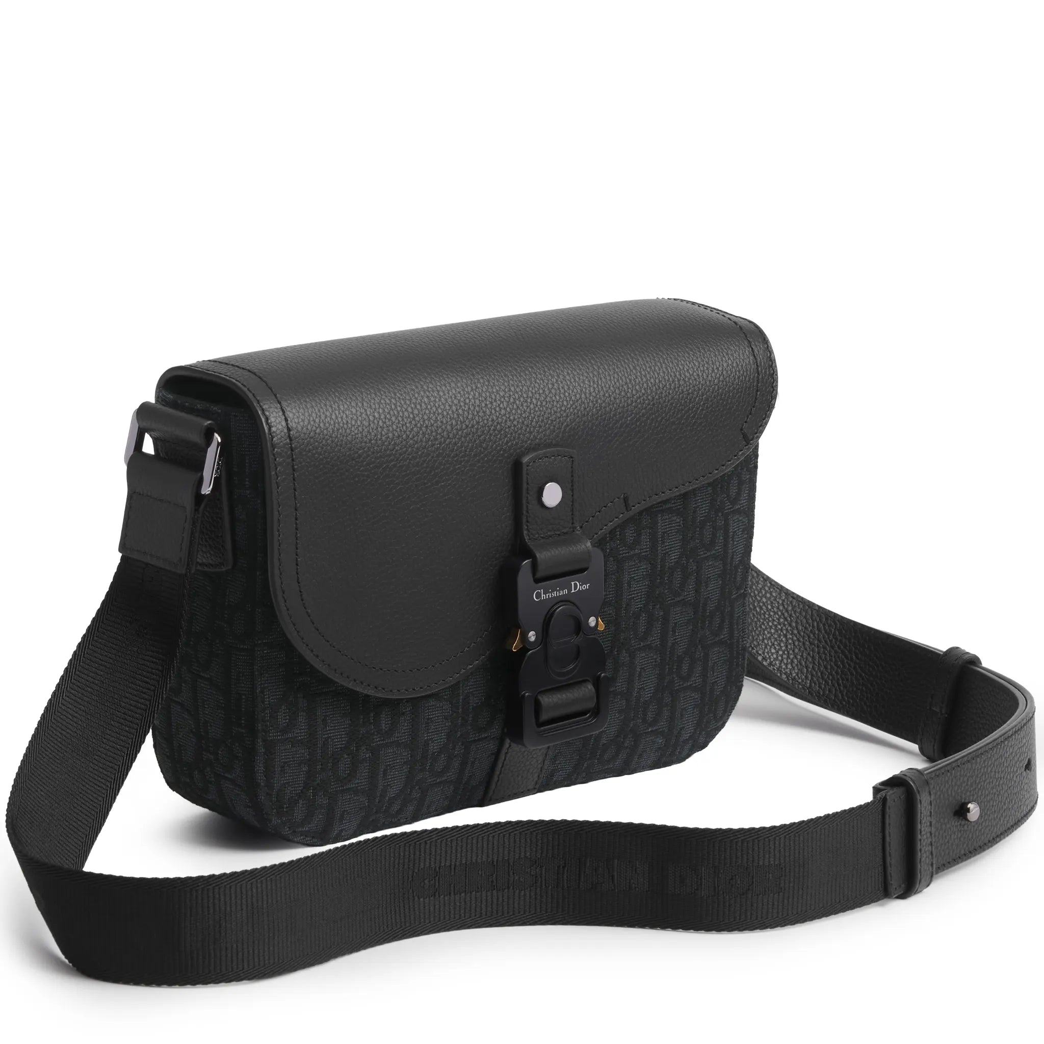 Front Side View of Dior Small Saddle Messenger Bag Black With Flap